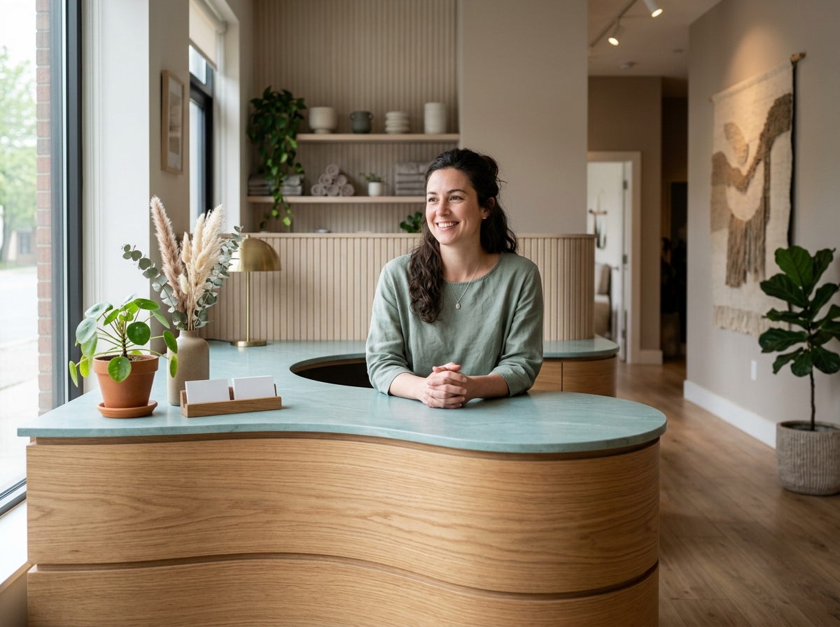 Wellness studio reception with wave table visible, calm neutral tones, no clients on it