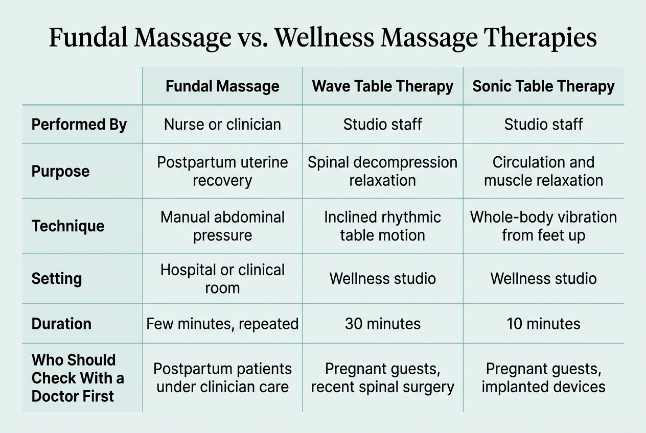 Infographic: Comparison table titled 'Fundal Massage vs
