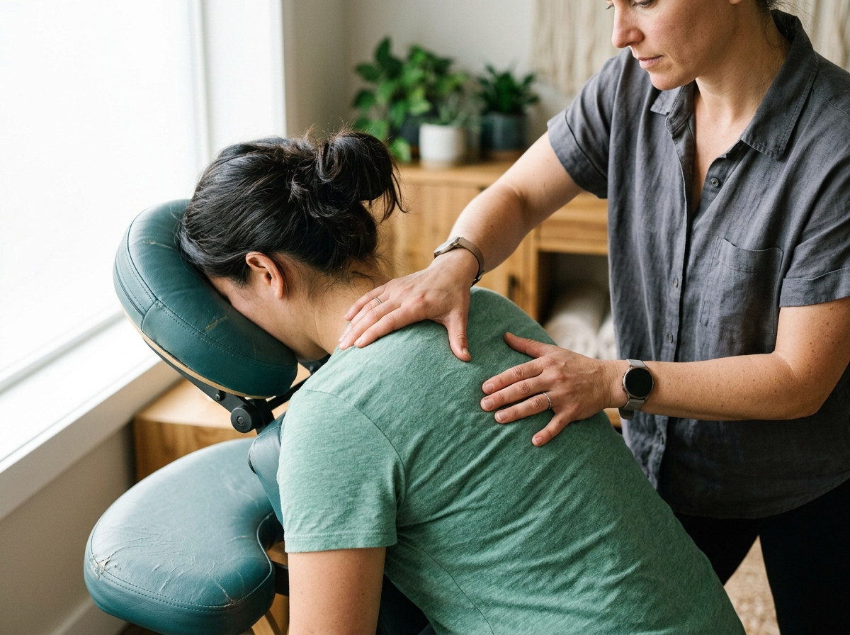 Close-up of therapist's hands pressing client's upper back through a padded ergonomic massage chair
