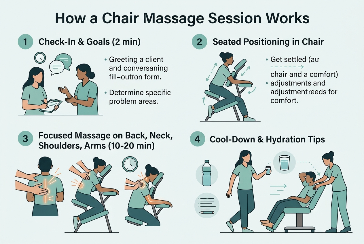 Infographic: A 4-step process flow titled 'How a Chair Massage Session Works': 1) Check-In & Goals (2 min) 2) Seated