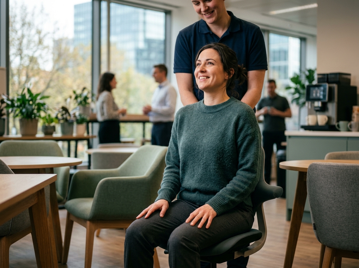 Office worker smiling, rolling shoulders after chair massage session in bright corporate break room