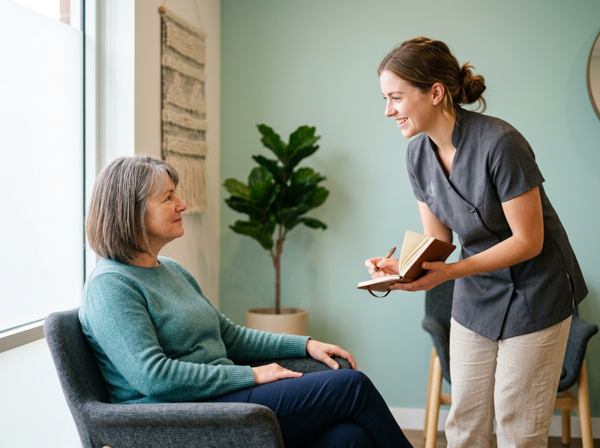 Friendly staff member greeting a seated client, notepad in hand, warm smile