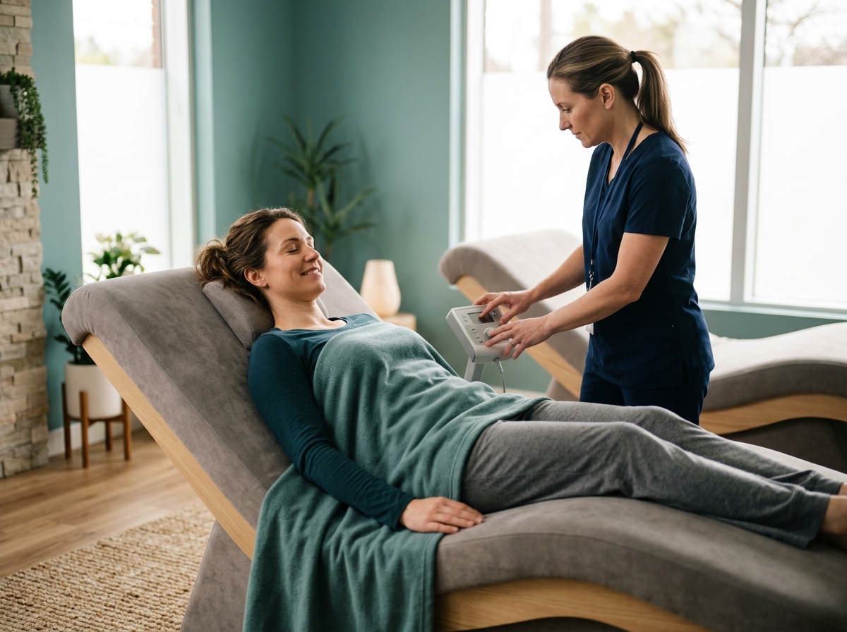 Fully clothed guest lying on inclined wave table while staff member adjusts settings nearby