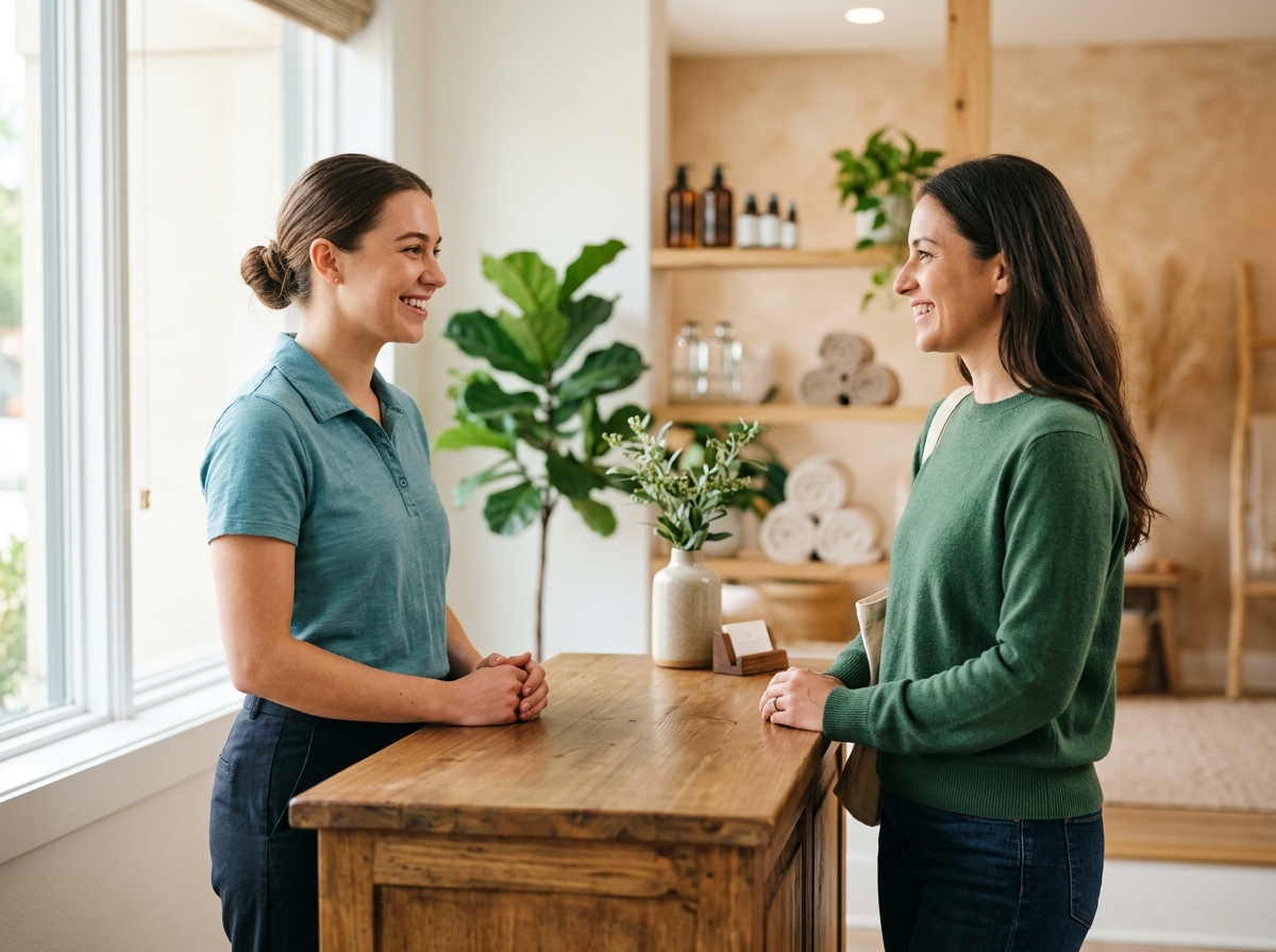 Smiling staff member greeting clothed client at front desk of bright wellness studio