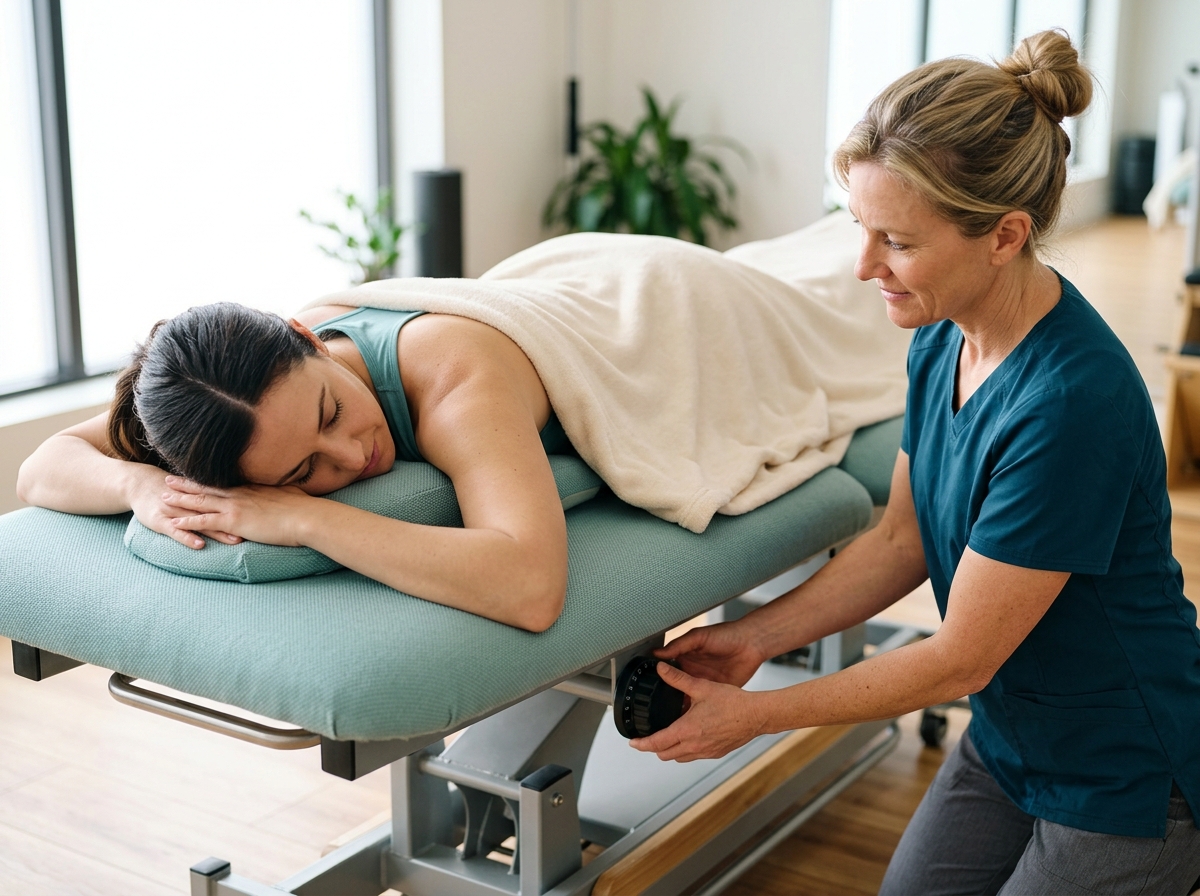 Client's shoulders and neck resting on padded table, therapist adjusting incline dial nearby gently