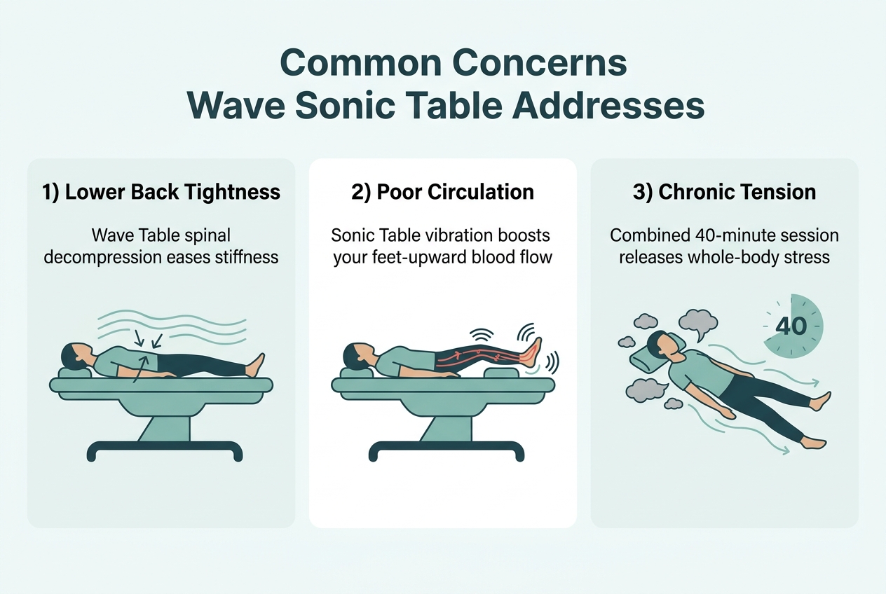 Infographic: A 3-step process flow titled 'Common Concerns Wave Sonic Table Addresses'