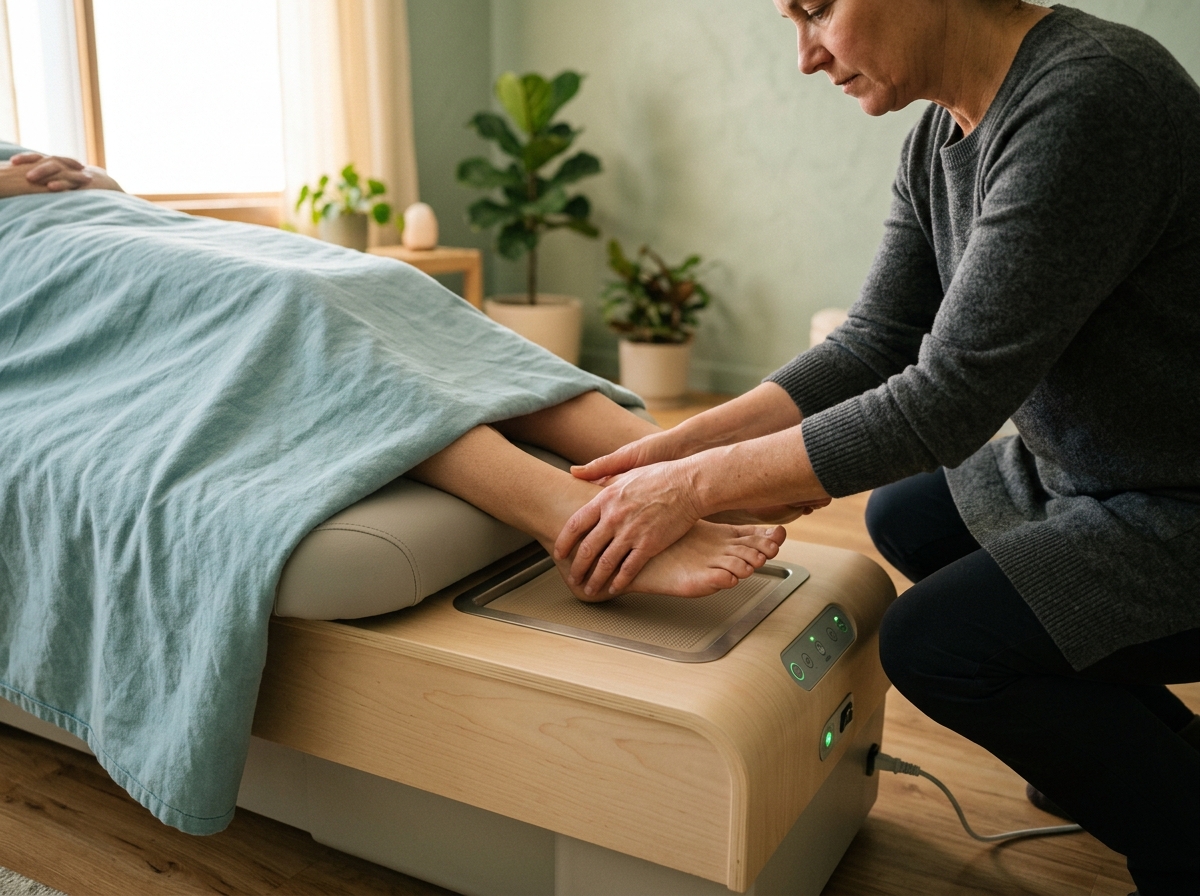 Therapist's hands guiding client's feet onto Sonic Table as gentle vibration therapy begins