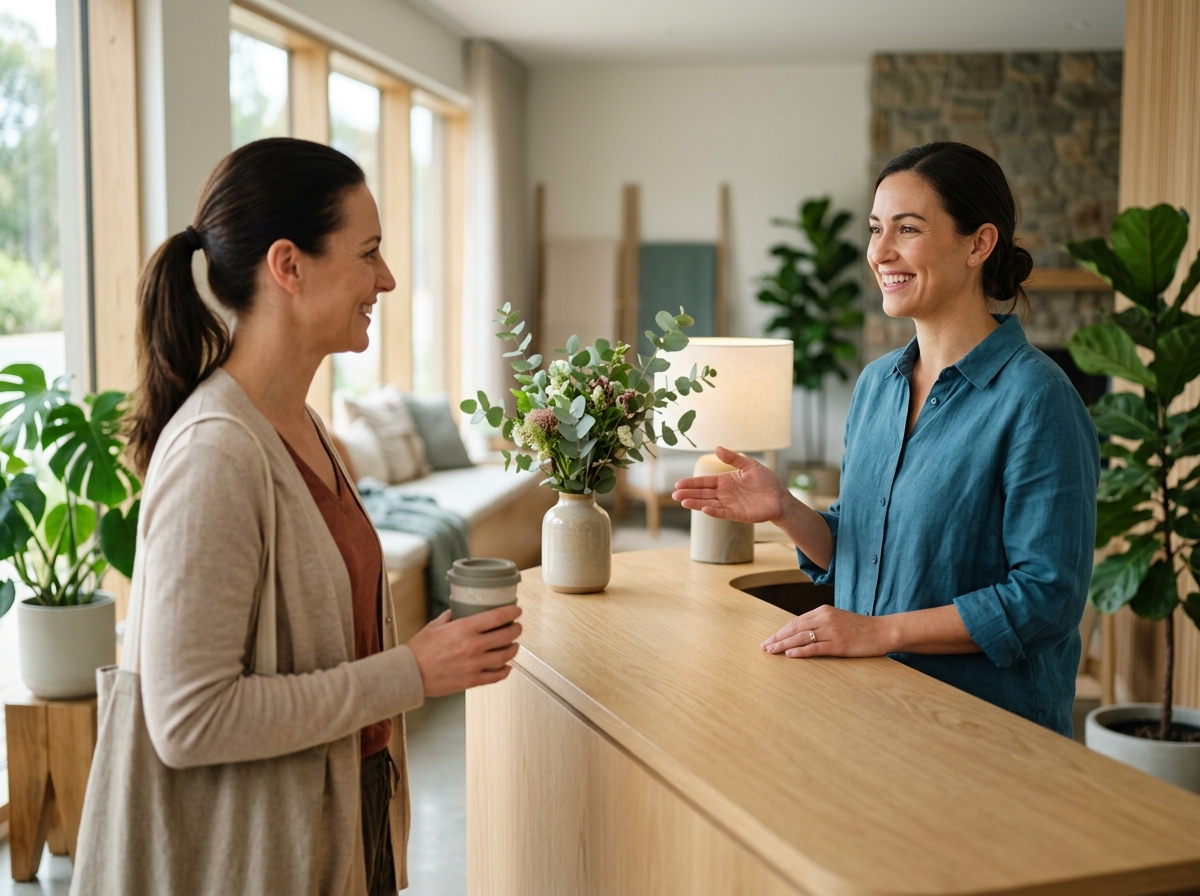 Smiling clothed staff member welcoming guest at calm studio reception desk