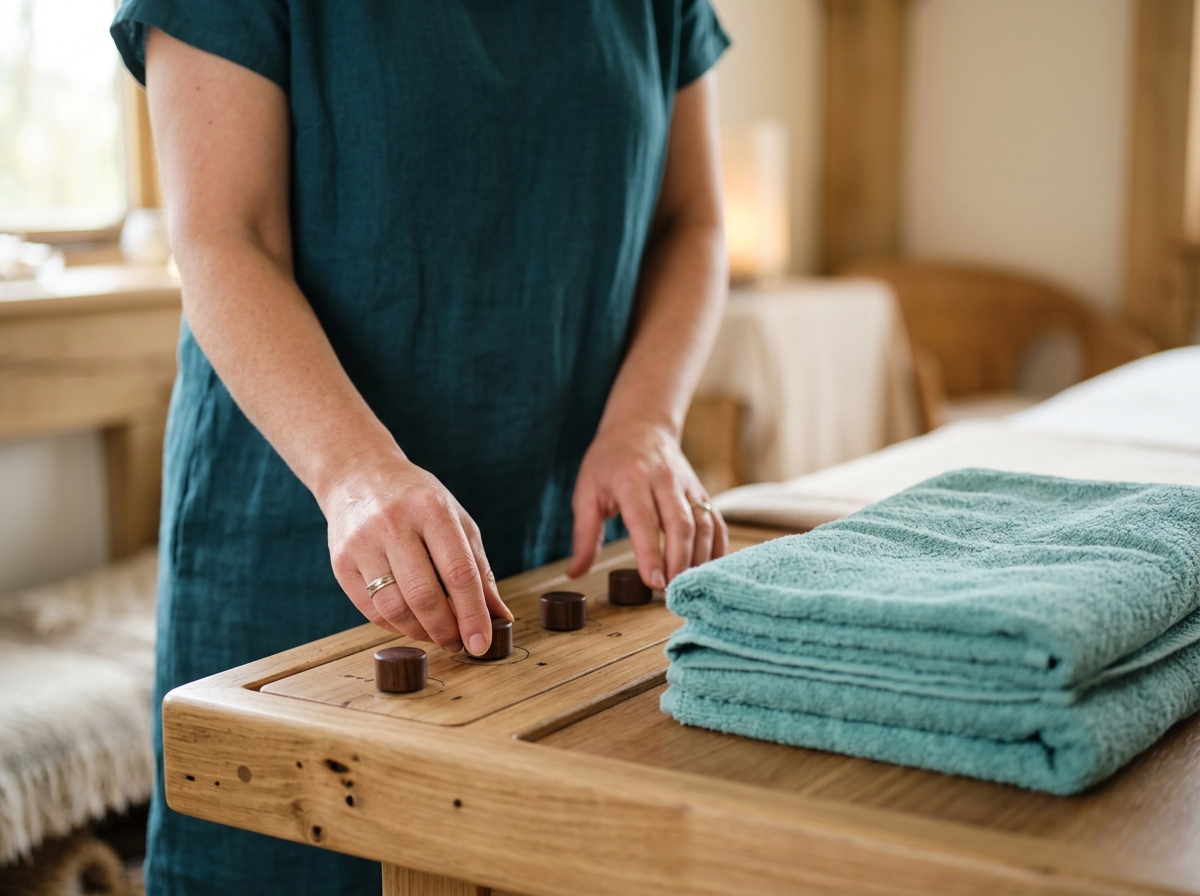 Close-up of hands adjusting sonic table controls beside neatly folded fresh towels