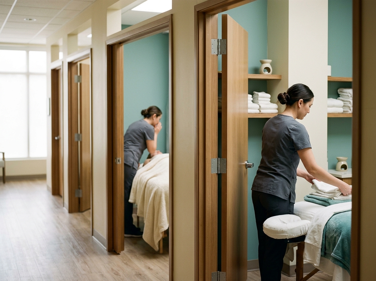 Rows of identical franchise massage rooms with matching decor and uniformed therapists visible through open doors