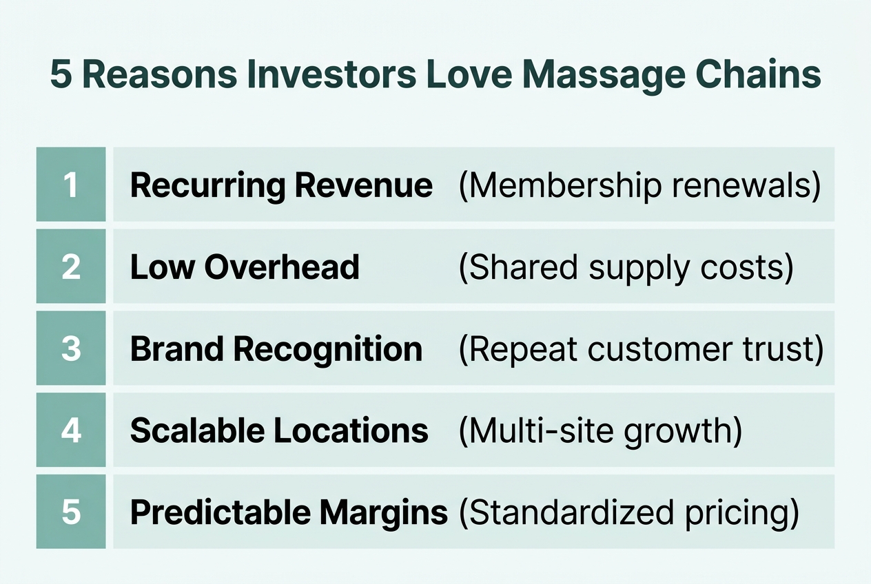 Infographic: Chart titled '5 Reasons Investors Love Massage Chains'