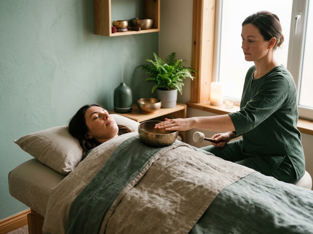 Client relaxing during personalized sonic massage session in warmly lit independent boutique studio