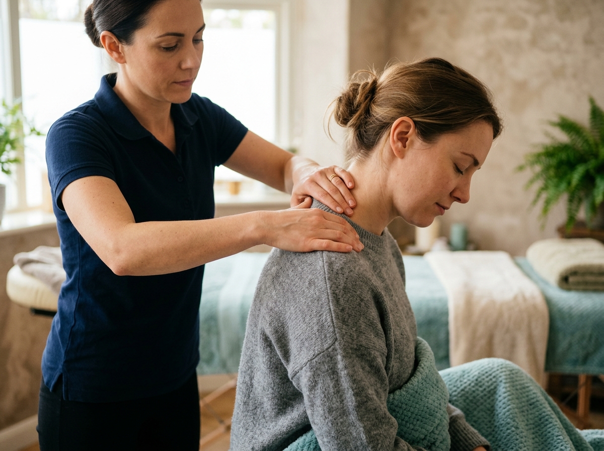 Close-up of hands gently massaging a clothed guest's shoulders and upper neck area