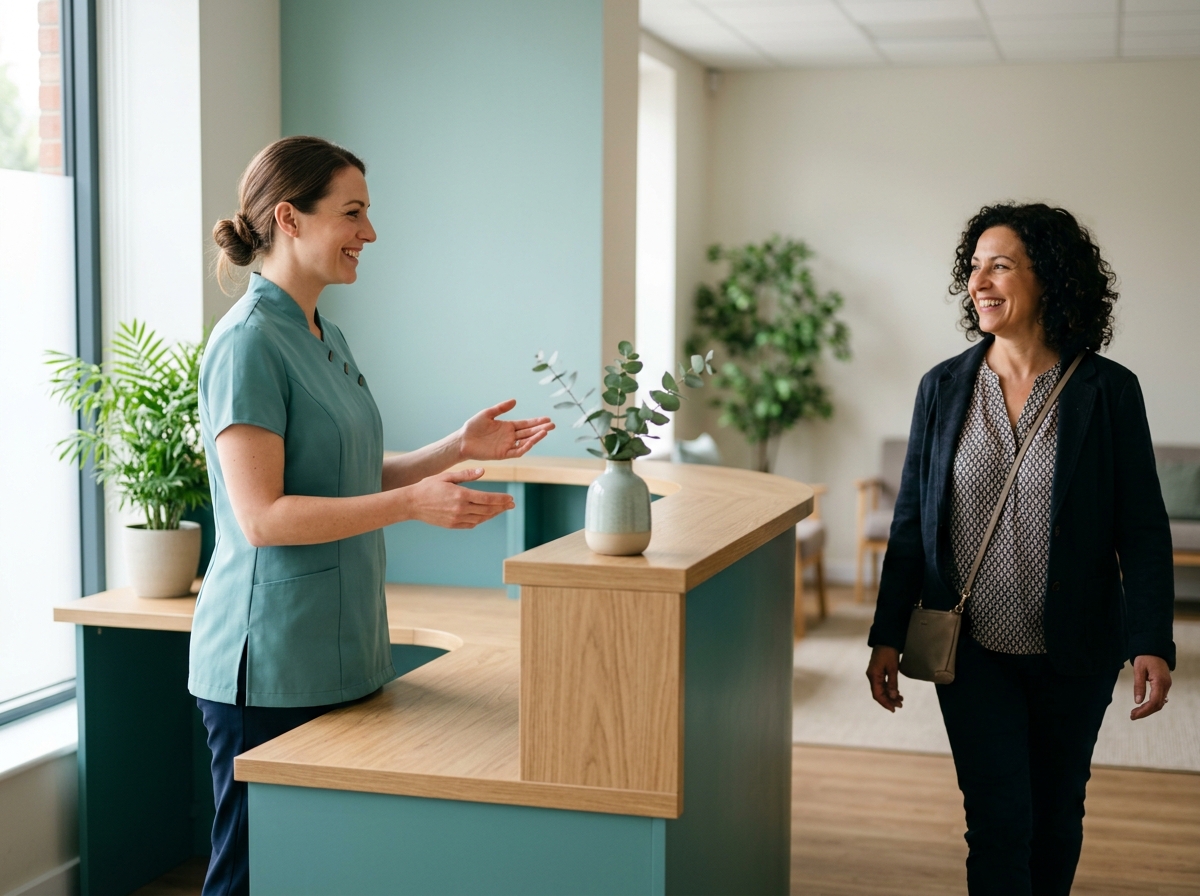 Front desk staff smiling and welcoming a client into the bright, tidy reception area