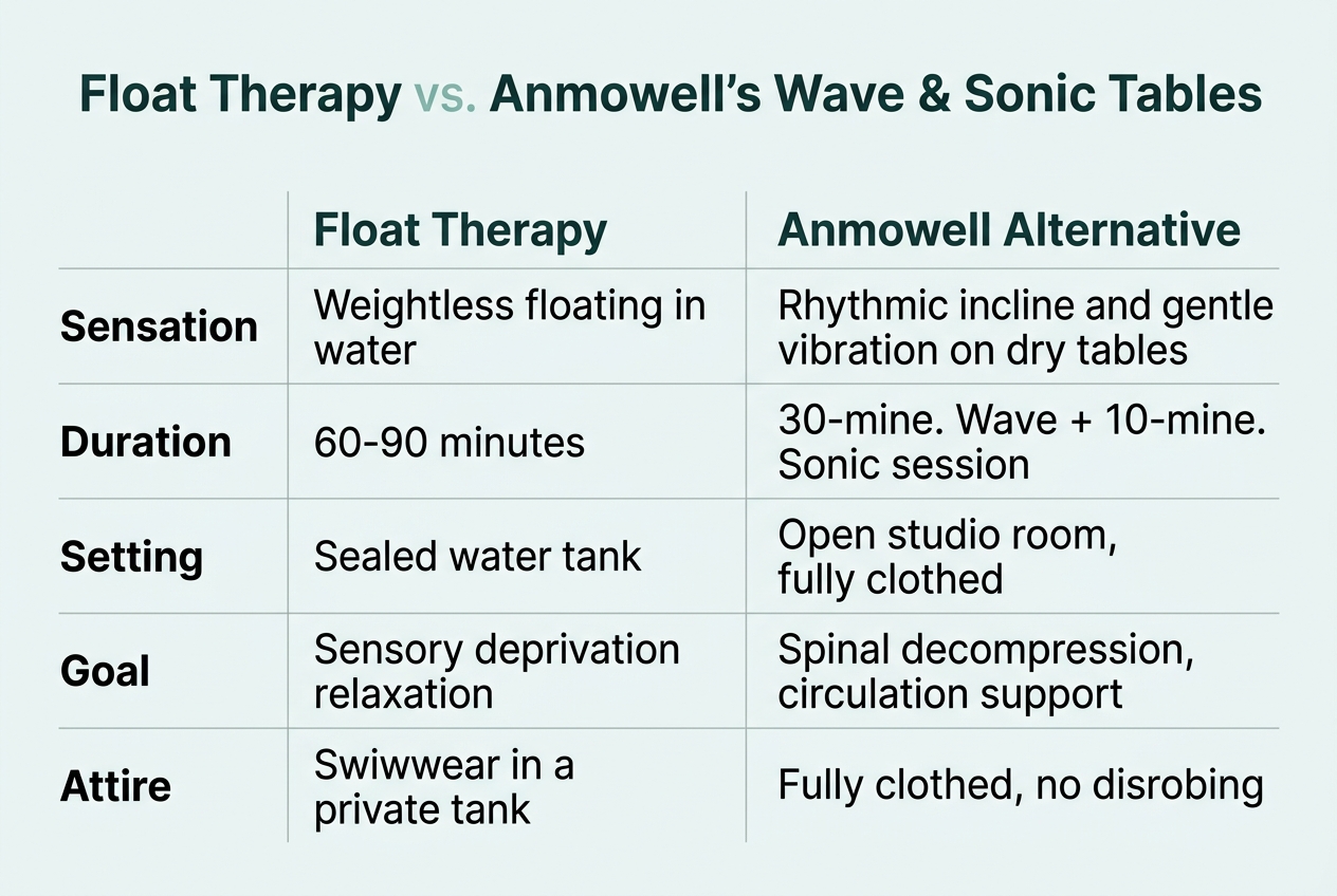 Infographic: Comparison titled Float Therapy Versus Anmowell's Wave & Sonic Tables