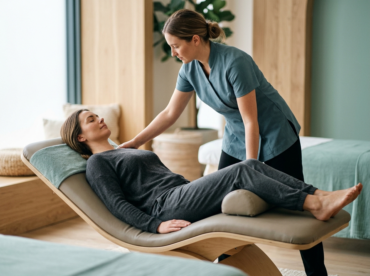 Relaxed clothed client lying on inclined wave table while staff member checks positioning