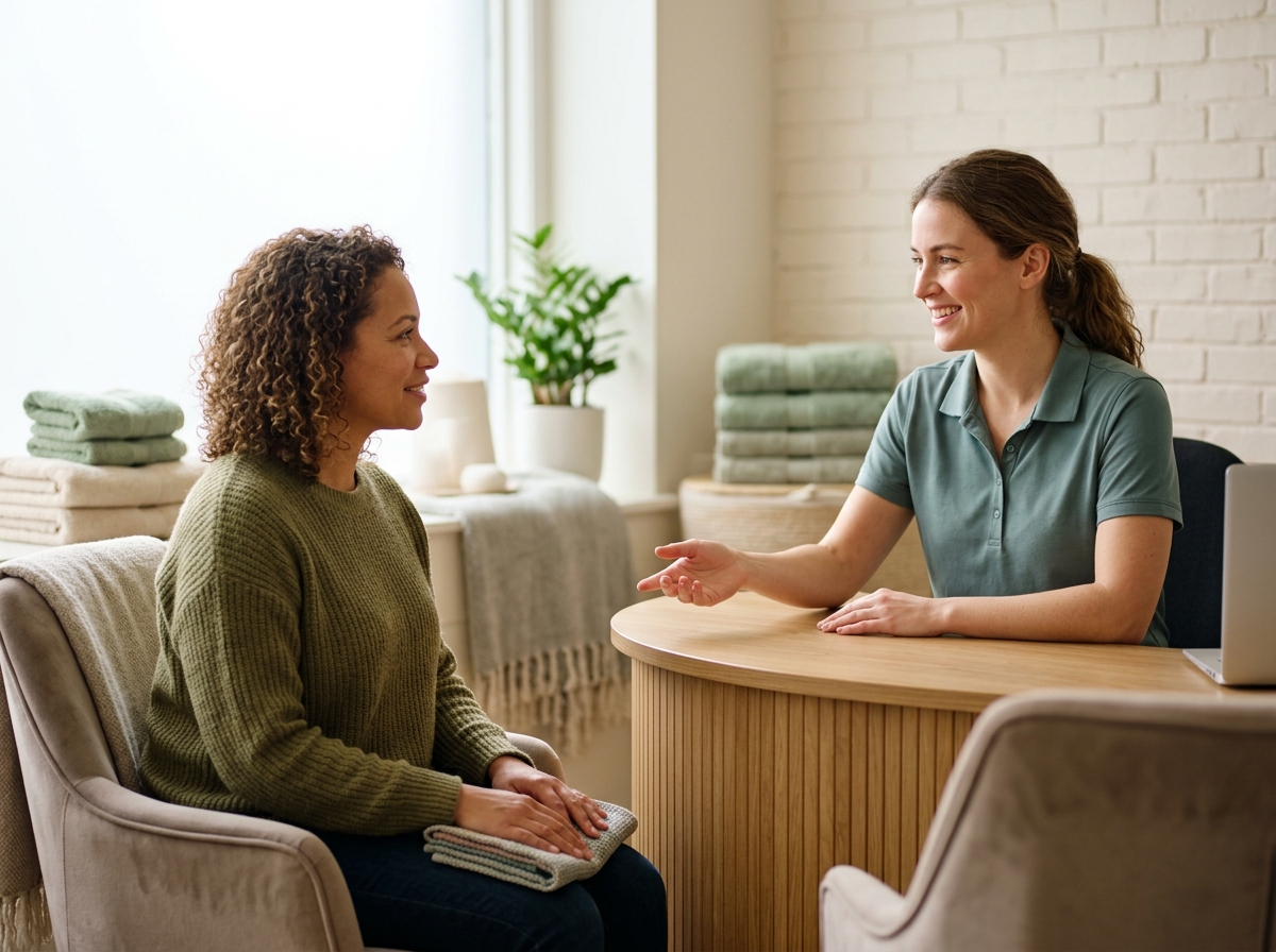 Front desk staff smiling and explaining session steps to a seated new client warmly