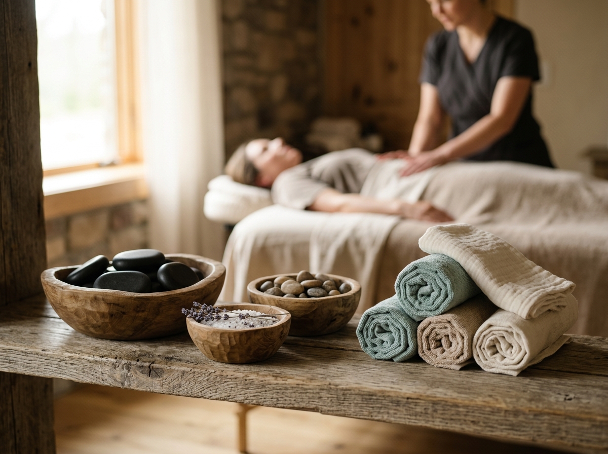 Wooden bowls, warm stones, and rolled linen towels arranged on a massage room shelf
