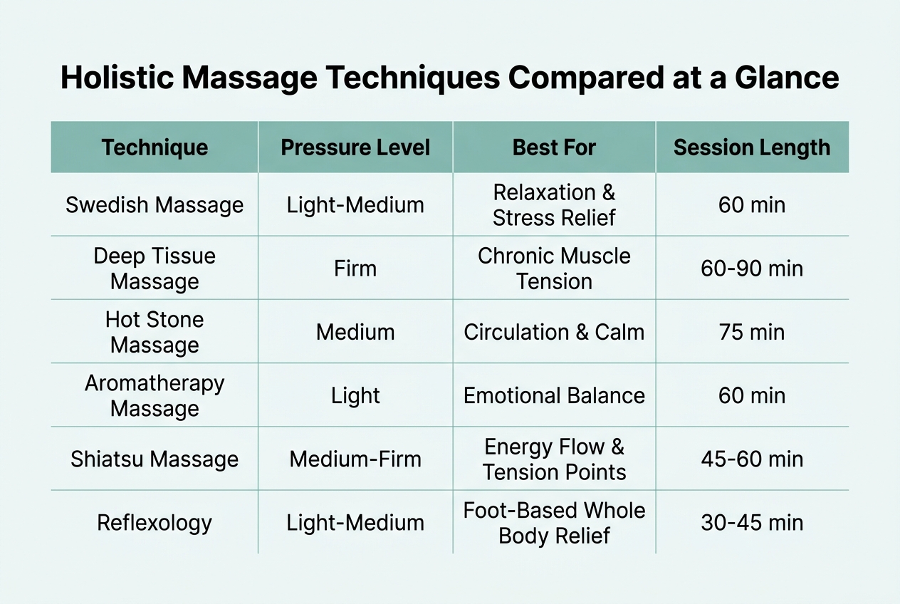 Infographic: Comparison table titled 'Holistic Massage Techniques Compared at a Glance'