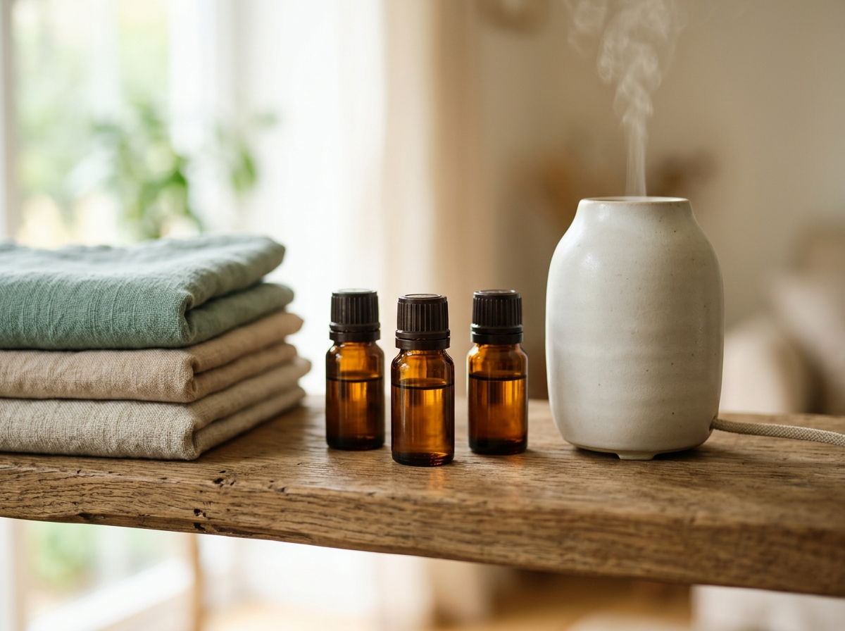 Close-up of small amber essential oil bottles and diffuser on wooden shelf beside folded linens