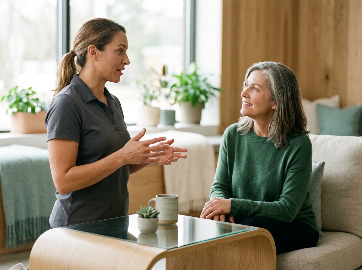 Attentive staff member in studio polo speaking with seated guest beside the Wave table, hands gesturing