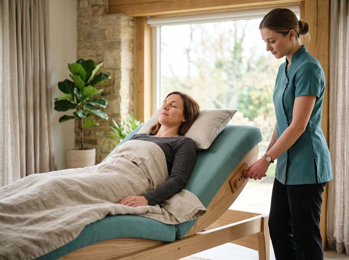Client reclining fully clothed on inclined Wave Table, calm expression, therapist adjusting settings nearby