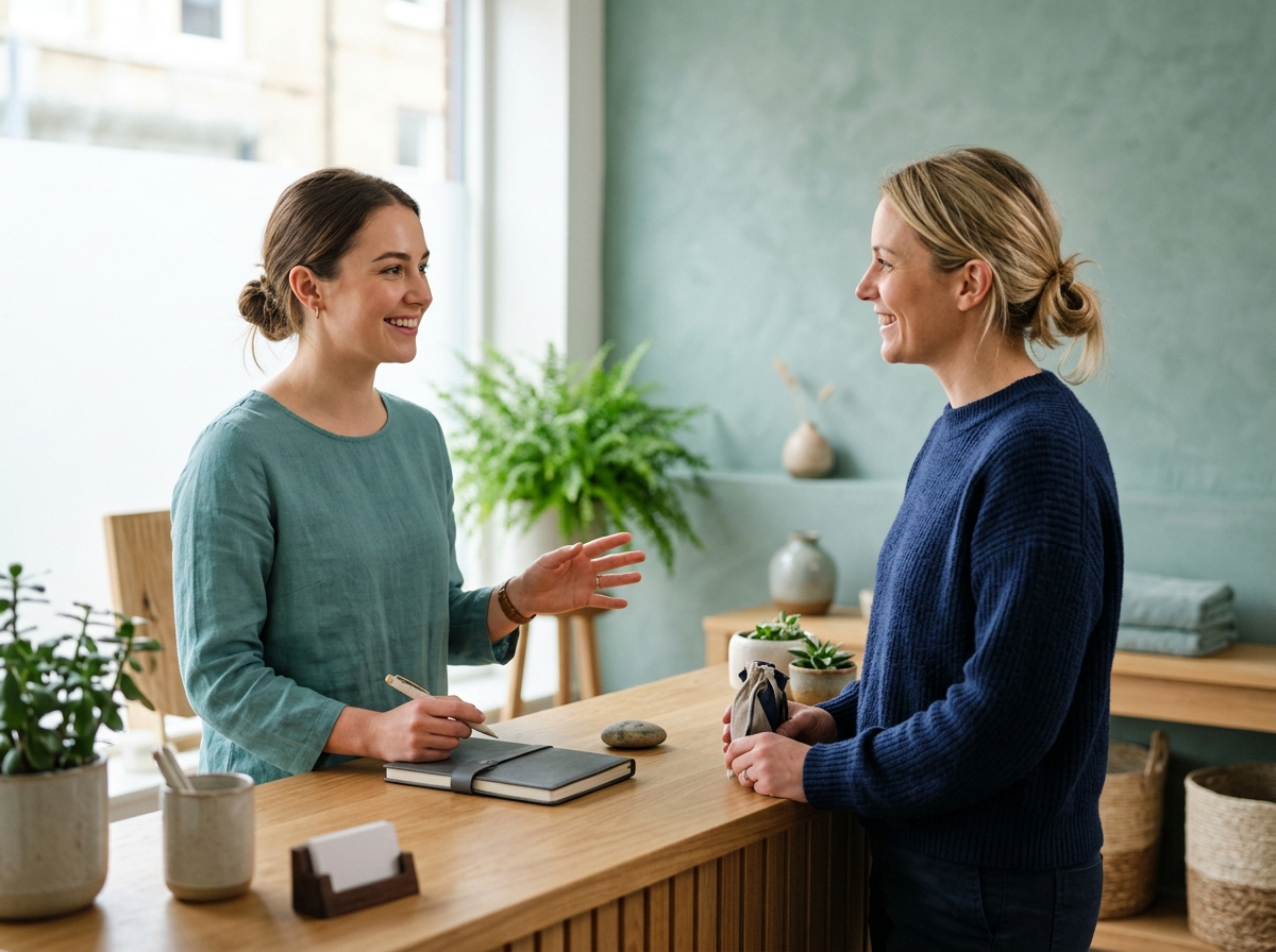 Receptionist greeting a fully clothed client at a clean, calm wellness studio front desk