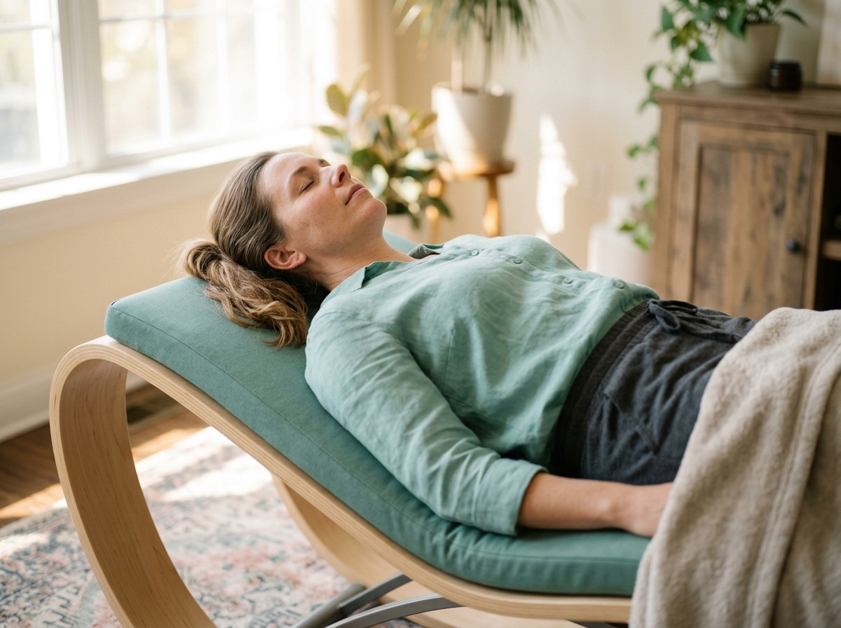 Client reclined on inclined wave table in bright Fort Lee studio room, fully clothed, eyes closed