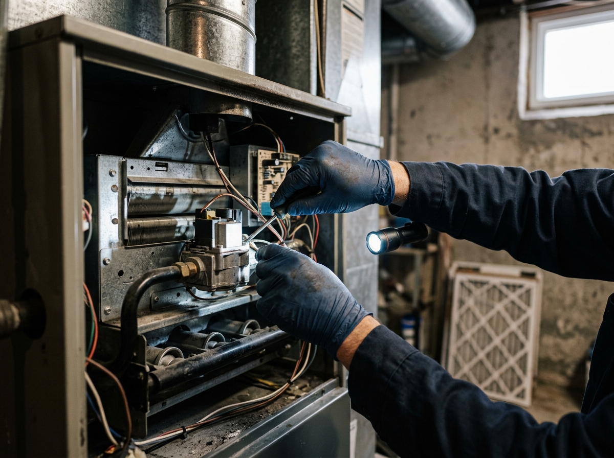 Close-up of gloved hands adjusting a furnace's internal components with a flashlight illuminating parts