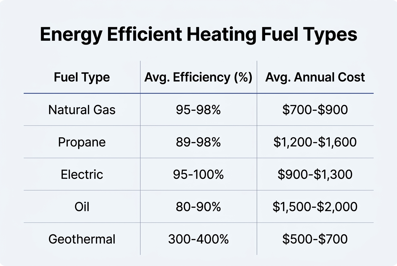Infographic: Comparison table titled 'Energy Efficient Heating Fuel Types'