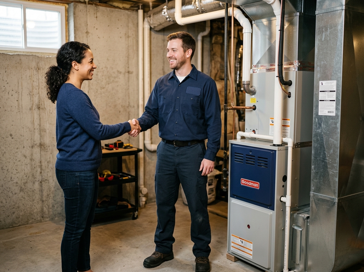 Homeowner and technician shaking hands near a new furnace installation, both smiling in basement setting