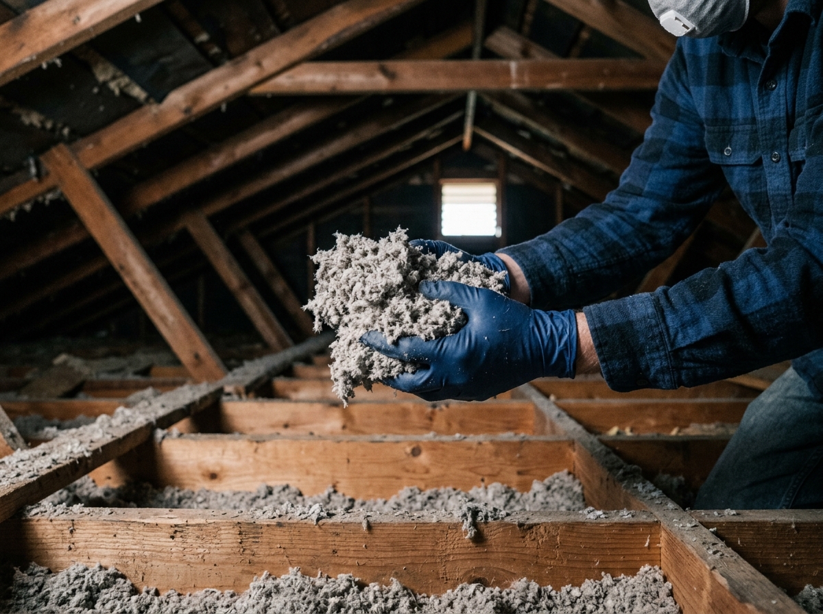Gloved hands hold clump of loose cellulose insulation over attic joists near dim rafters