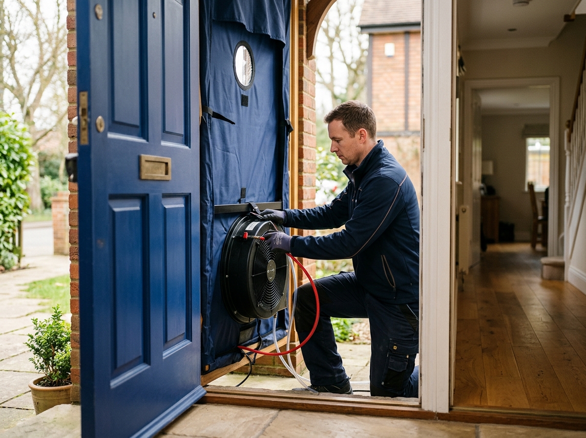 Technician sets up blower door test rig in open front doorway of home