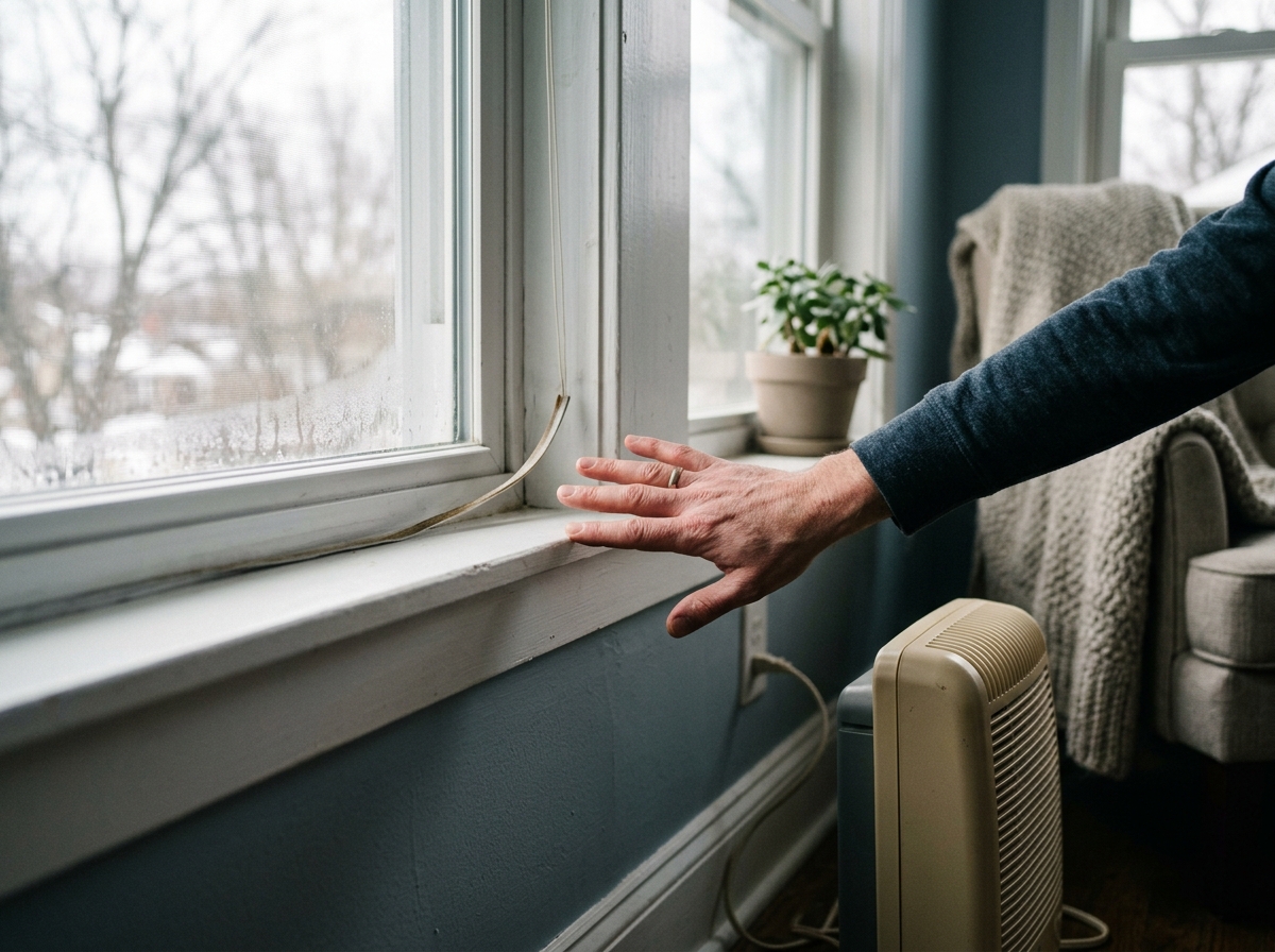 Homeowner's hand feeling cold air leaking near a window frame beside a small heater