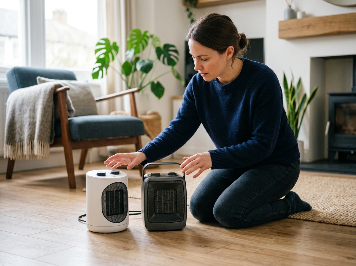 Person comparing two compact space heaters side by side on a wooden living room floor