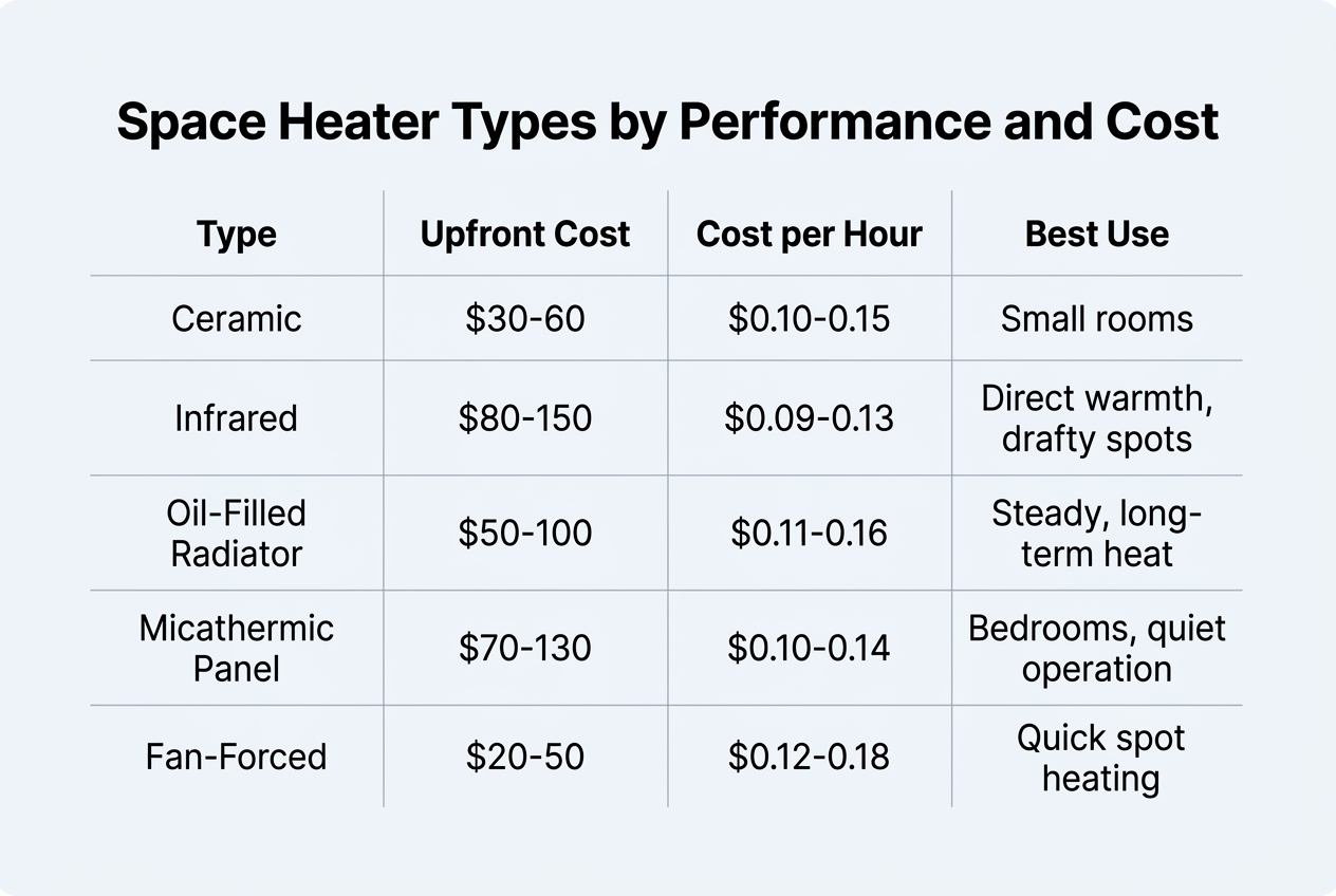 Infographic: Comparison table titled 'Space Heater Types by Performance and Cost'
