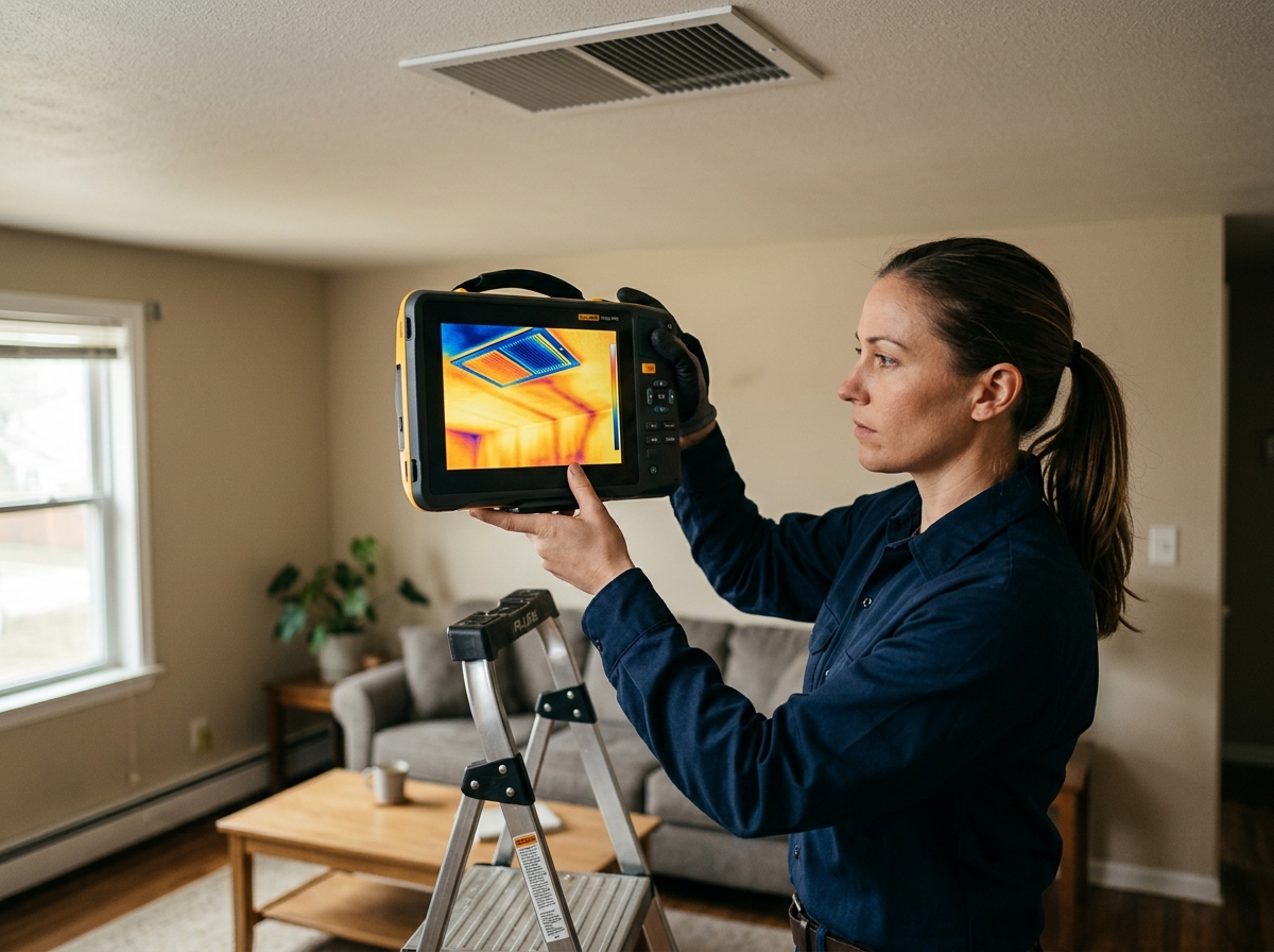 Technician holds thermal imaging camera near ceiling vent, screen showing heat variations across wall