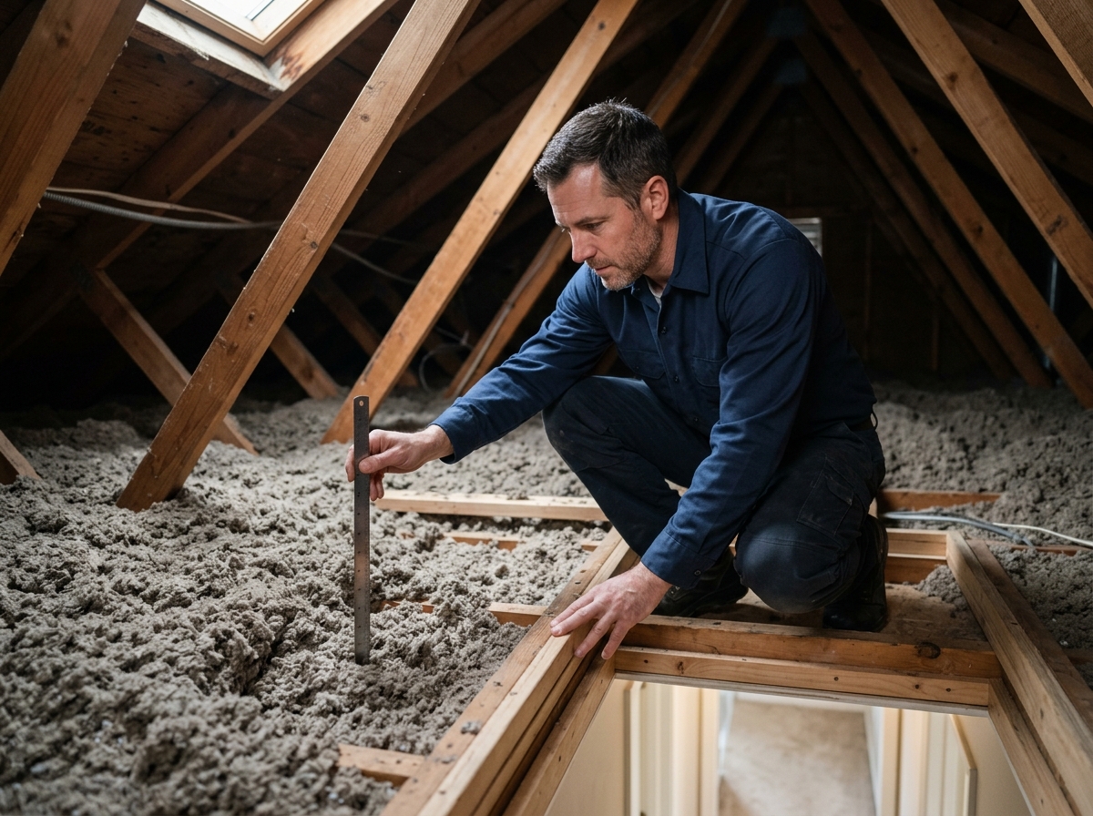 Technician measures attic insulation depth with ruler beside blown-in cellulose near attic hatch