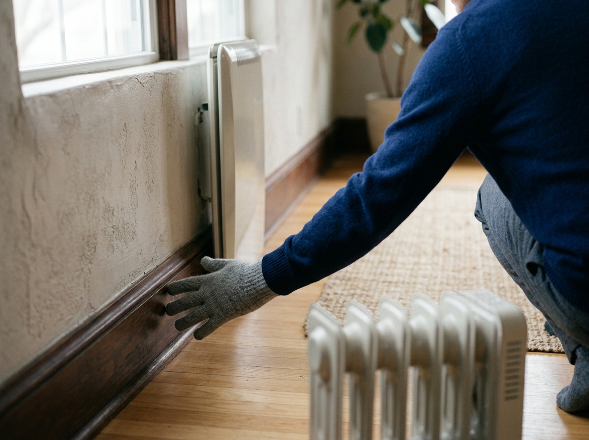Gloved hand feels for drafts along baseboard near a portable oil-filled heater