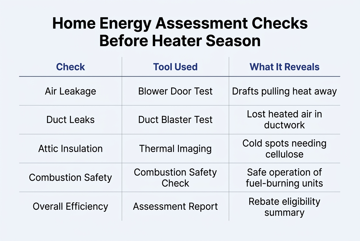 Infographic: Table titled 'Home Energy Assessment Checks Before Heater Season'