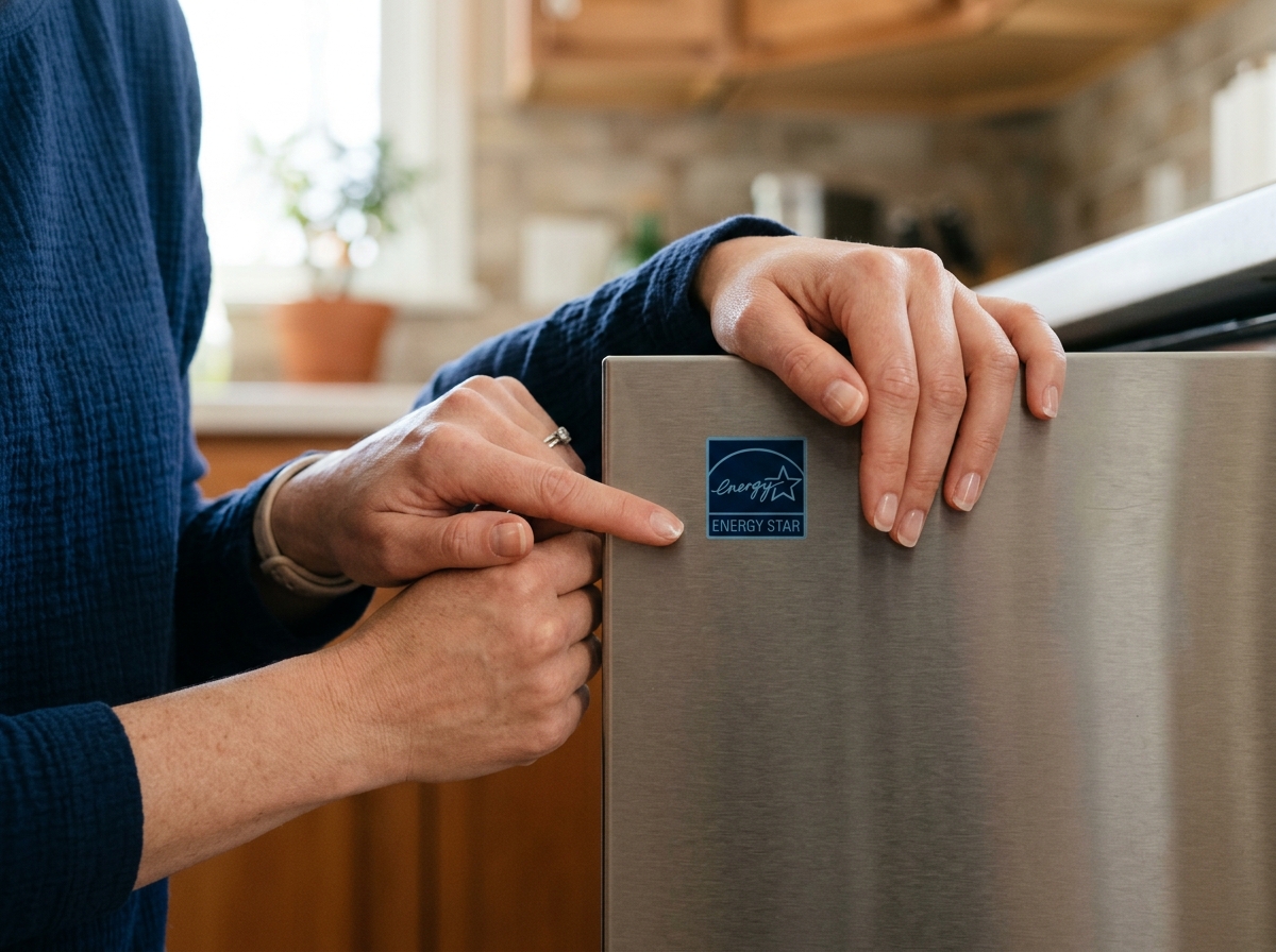 Close-up hands pointing at blue Energy Star label sticker on appliance