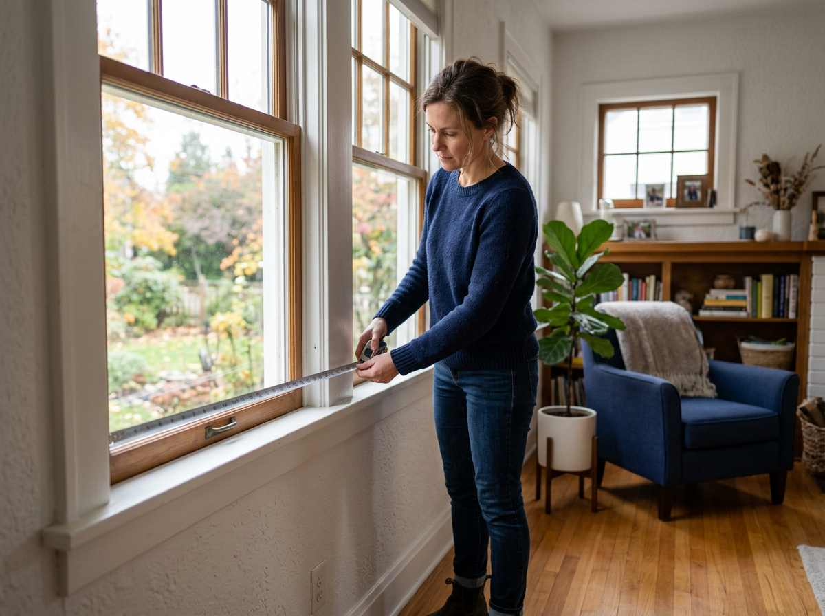 Homeowner measuring window and room dimensions with tape measure before purchase