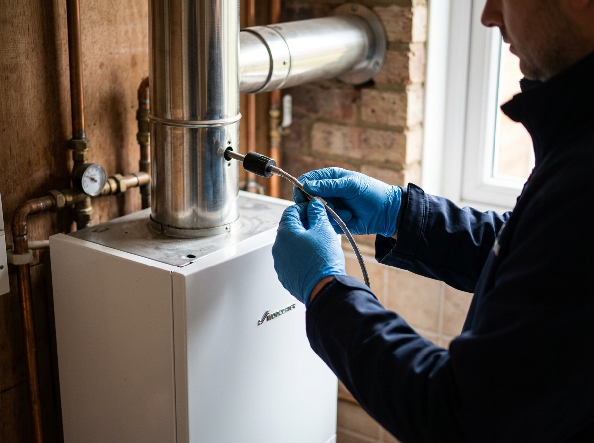 Close-up of gloved hands checking a combustion safety reading on a home boiler flue