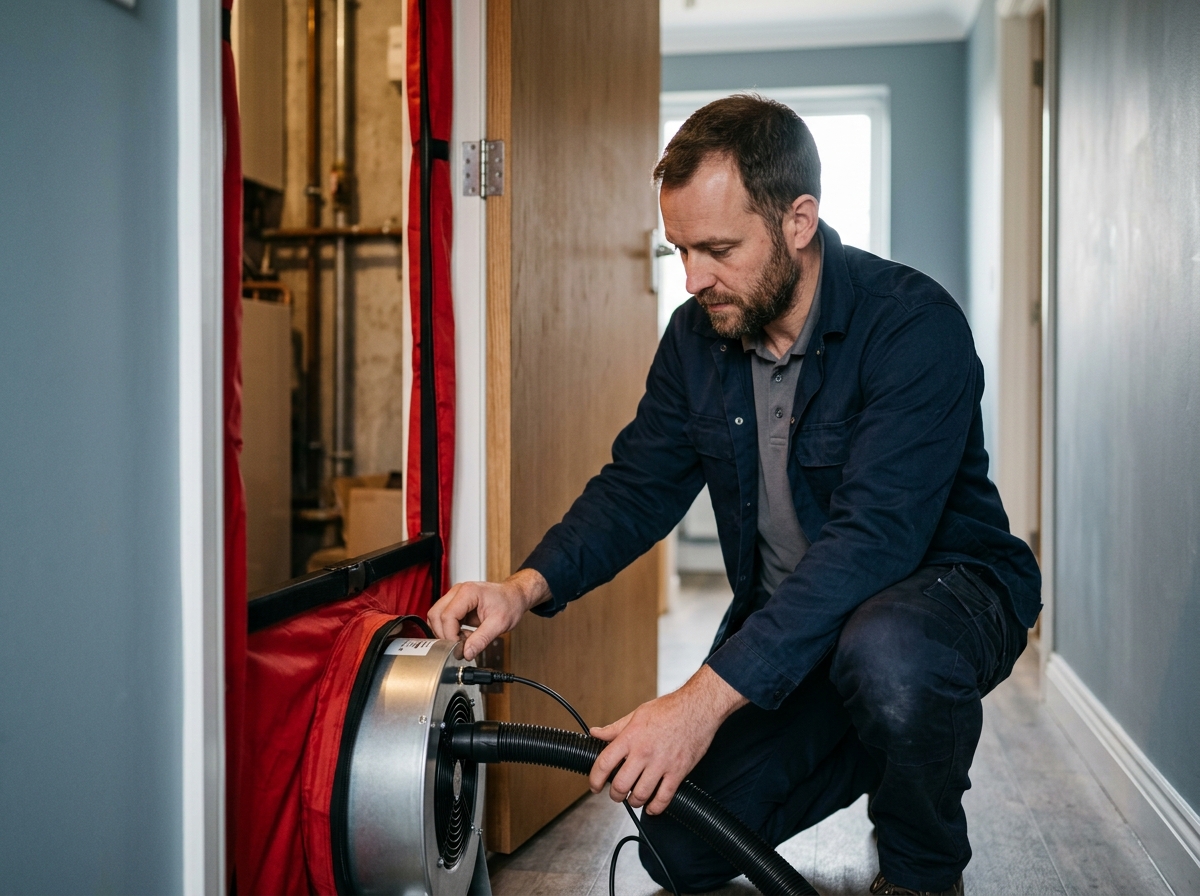 Technician uses blower door equipment in hallway near boiler room entrance during home assessment