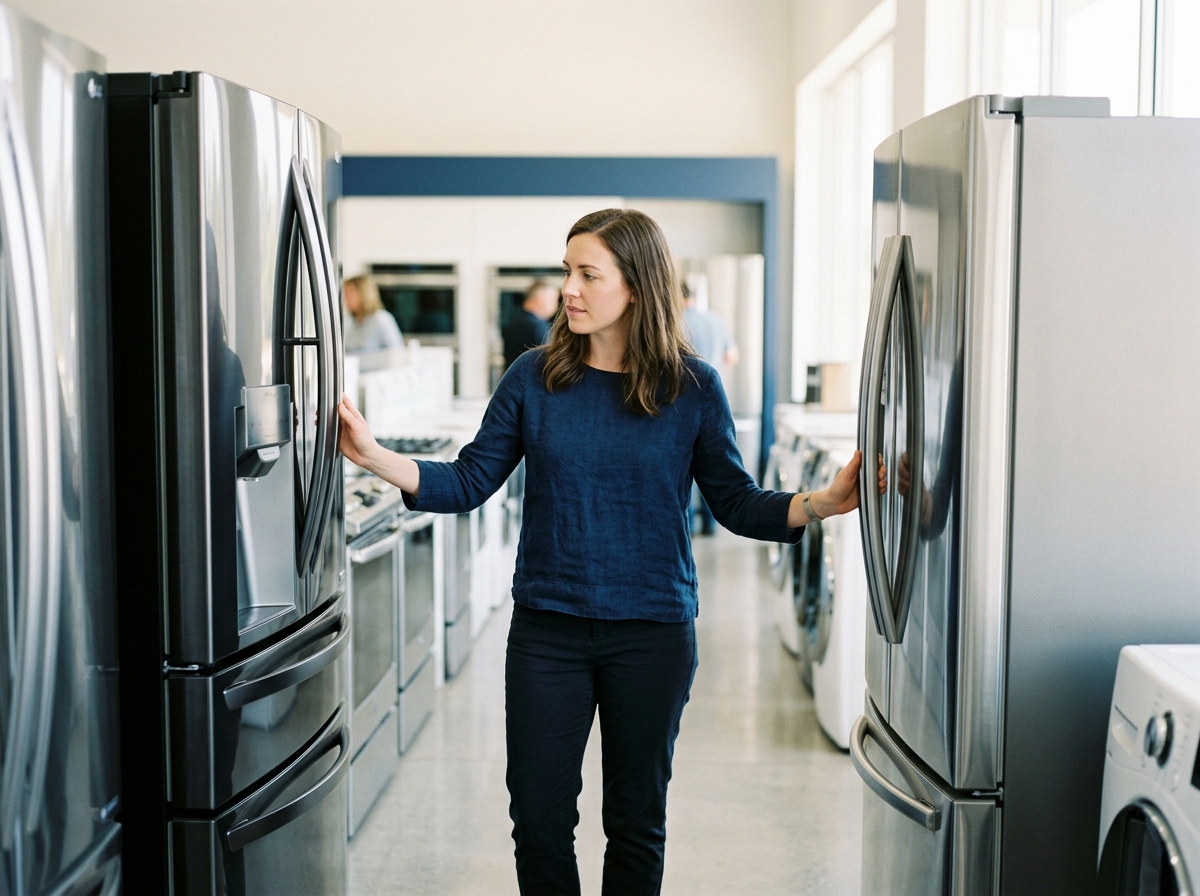 Homeowner comparing two refrigerator models side by side in bright appliance showroom aisle