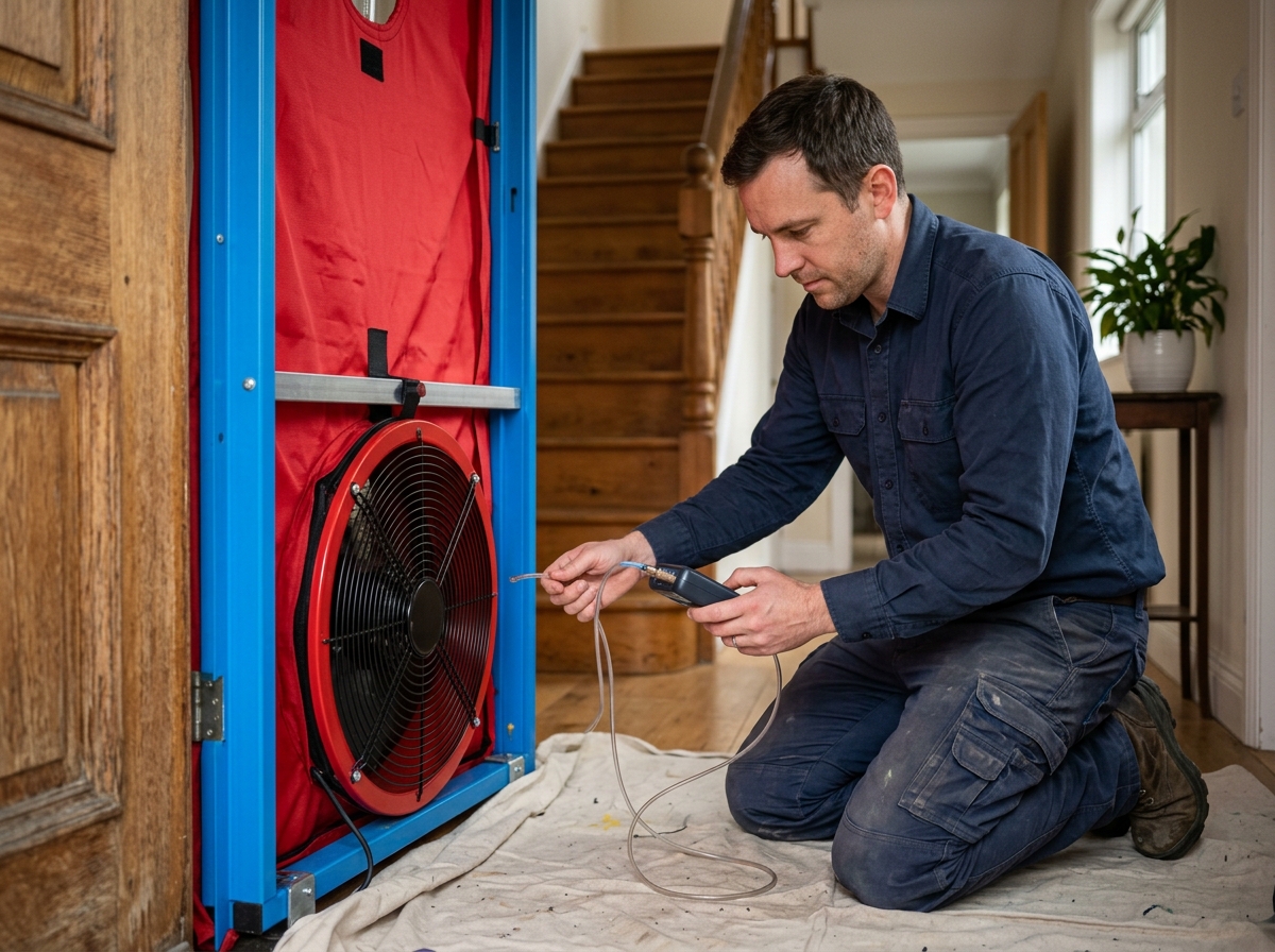 Auditor kneels beside blower door test fan sealed into a front doorway frame