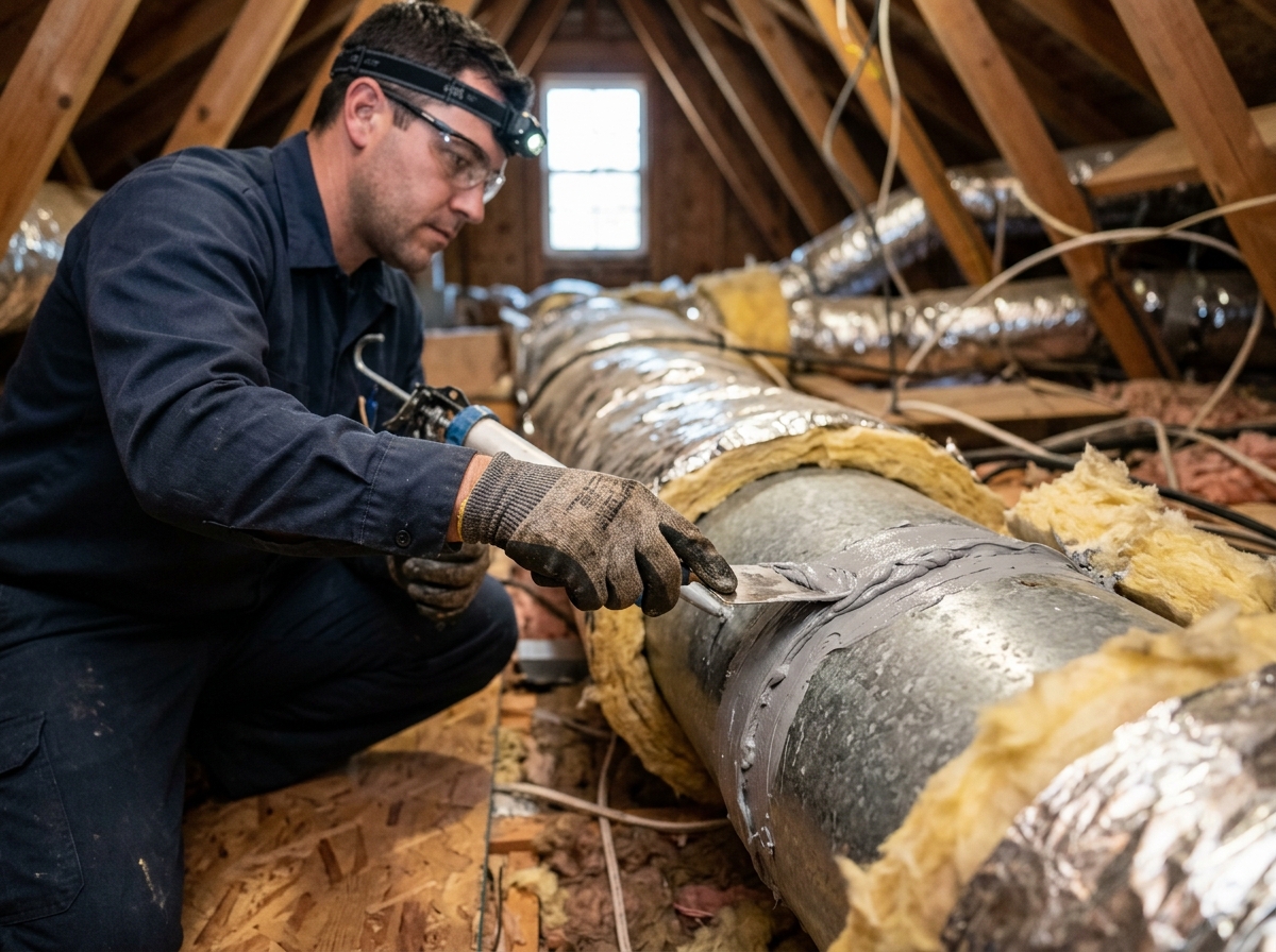 Crew member applies mastic sealant to a leaky attic ductwork joint with gloved hands