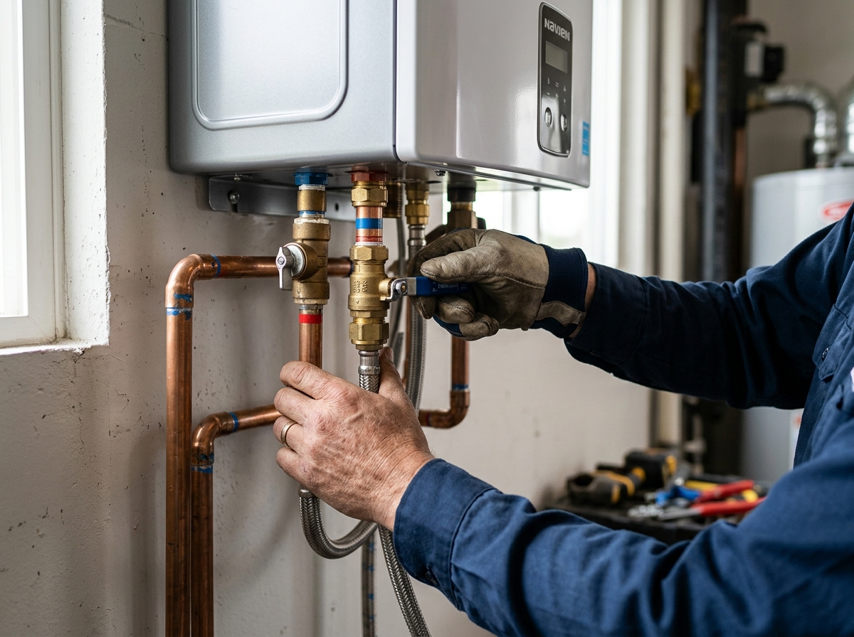 Close-up hands adjusting valves and pipes on wall-mounted tankless water heater unit