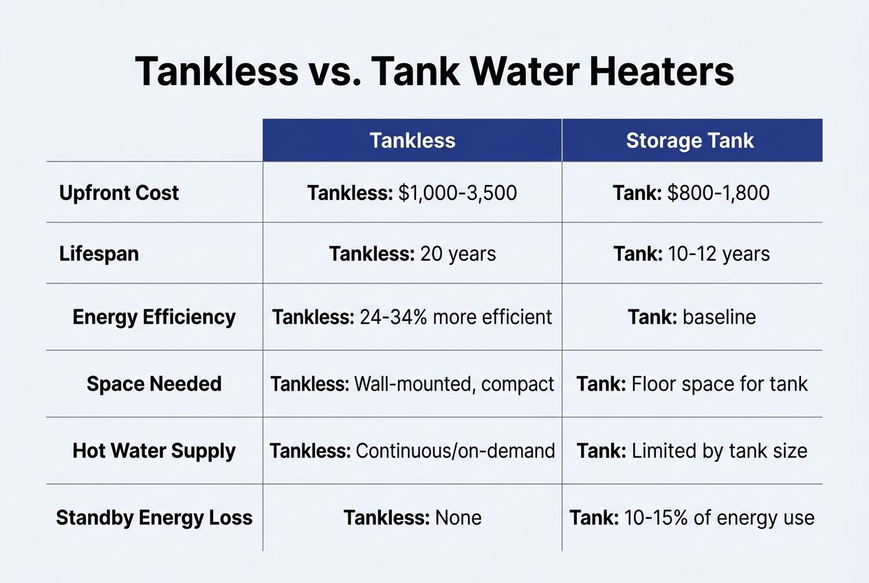Infographic: Comparison table titled Tankless vs
