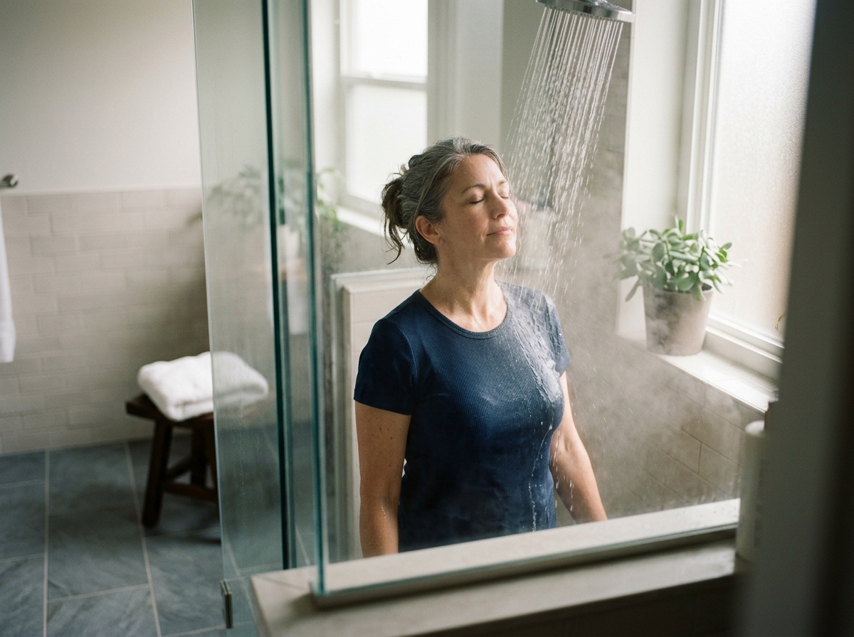 Homeowner enjoying long hot shower in bright bathroom, steam rising softly